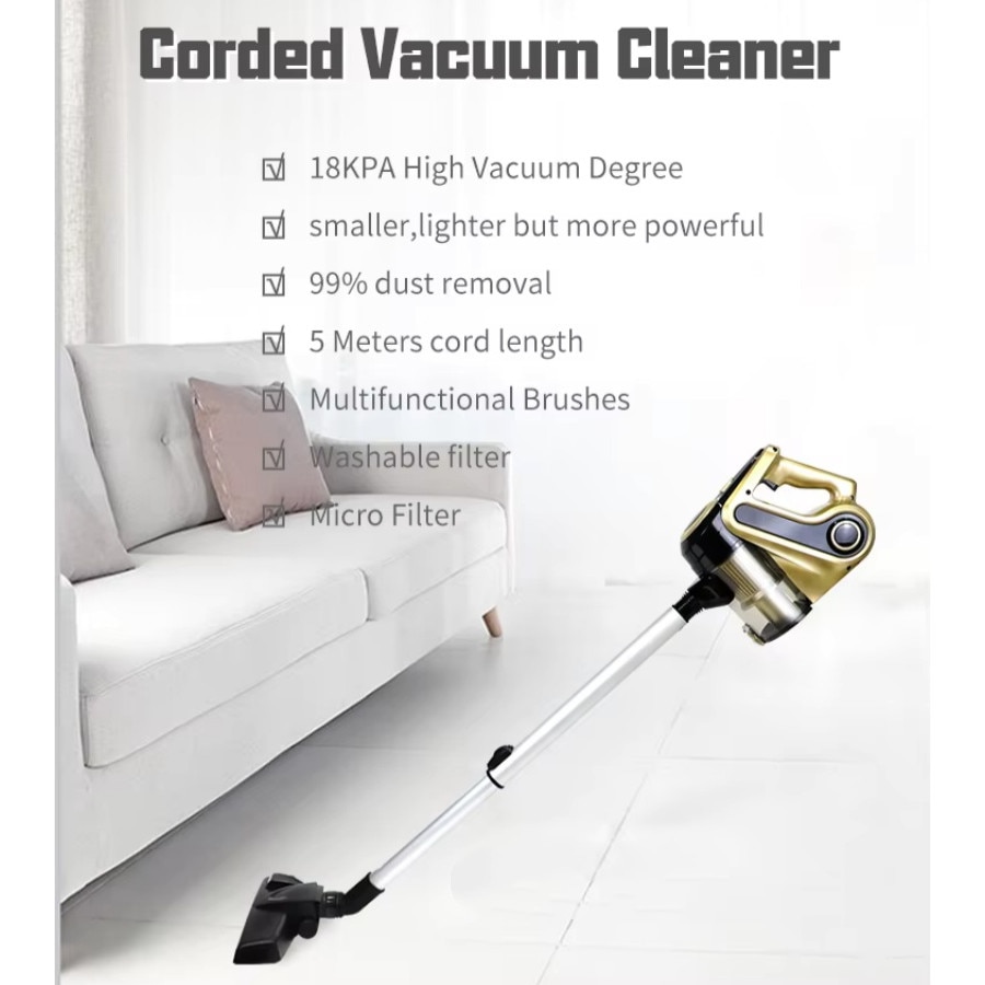 Aspirator, 600W, putere de aspirare 18000Pa, recipient de praf 600ml, filtre multiple, detasabil si lavabil, reducere a zgomotului bas, 103x9cm, auriu
