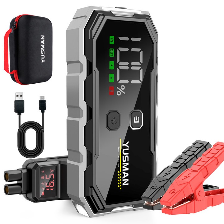 YUSMAN 6000A hordozható autóindító, 12800mAh, kijelzővel, intelligens kábelekkel, LED, 12V