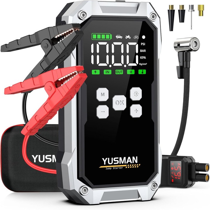 YUSMAN 7000A hordozható autóindító kompresszorral, 150PSI, 12V, 21800mAh, intelligens kábelek, LED