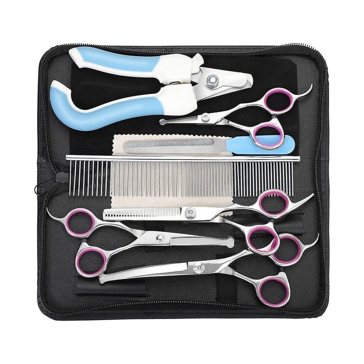 Set foarfece profesionale tuns animale, Inox, Argintiu, varf rotund de siguranta, ergonomice, cu cutie de depozitare, clips unghii si lama de pilit