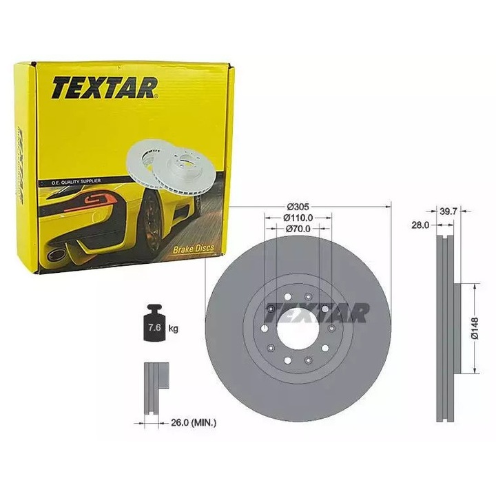 Textar féktárcsa, szellőztetett, 305x40mm, 7.6kg, ALFA ROMEO 159 05- 1.9JTD/GIULIETTA 10- 2.0JTD-hez