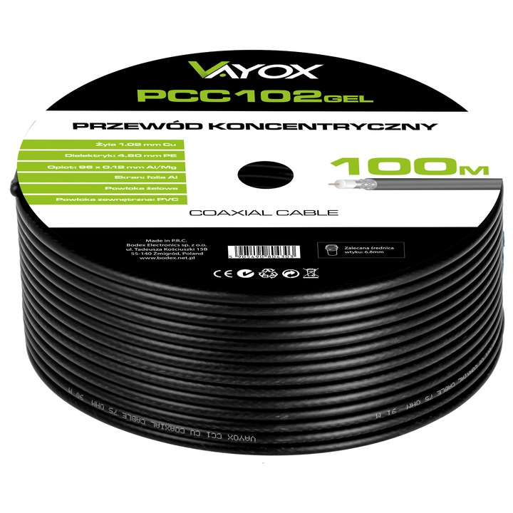 Антенен кабел Vayox, 100m, гел, коаксиален, телевизионен, PCC102GEL
