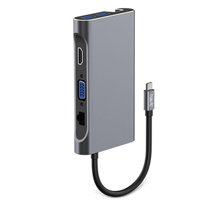 Hub USB-C multiplu 7 in 1 HAVIT HB4001, 3 USB 3.0 /1 HDMI /1 VGA /1 RJ45 /1 PD 100 W, Gri
