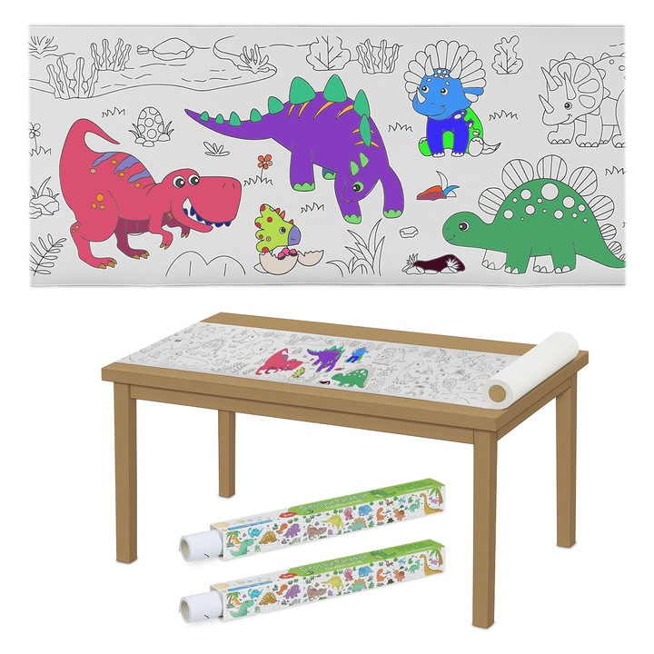 Set 2 role hartie de colorat pentru copii, auto-adeziva si decupabila pentru desenat si colorat, cu motive dinozauri, pentru petreceri aniversare, scoala, nunti sau zile ploioase, 300 x 38.5 cm