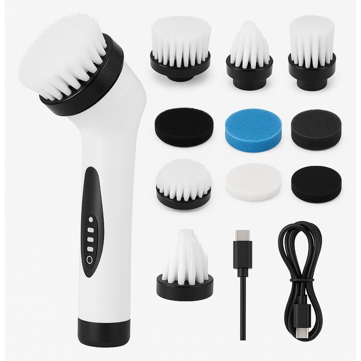 OEM Elektromos Tisztítókefe, 9 az 1-ben, Újratölthető, 25W, 9 fejjel, Teleszkópos Hosszabbító, USB Type-C Töltés