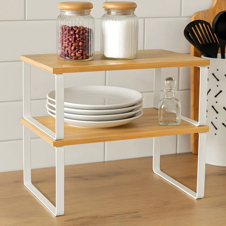 Комплект 2 рафта Elindor® от бамбук, разтегателен и подреждащ се за кухня, регулируем метален органайзер, идеален като рафт за съхранение в килер или офис, идеален за подправки, съдове, чинии, стабилен и компактен, полица за различни предмети, Бял