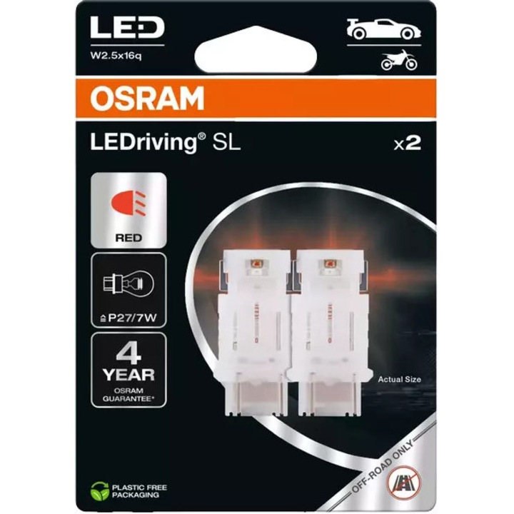 Becuri auto LED OSRAM P27/7W rosu, set 2 bucati