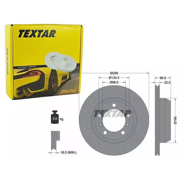 Textar perforált féktárcsa, 299x20mm, 5/7 furat, autókhoz, agy nélkül, rögzítőcsavar nélkül