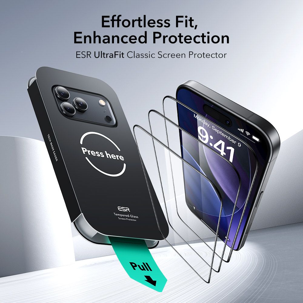 Set 2 folii sticla ESR UltraFit Tempered Glass, Kit montare inclus, compatibila cu iPhone 17 Pro, Transparent