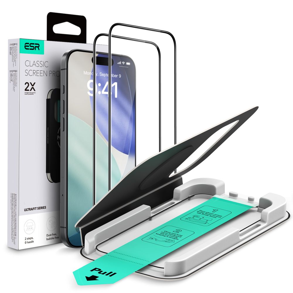 Set 2 folii sticla ESR UltraFit Tempered Glass, Kit montare inclus, compatibila cu iPhone 17 Pro, Transparent