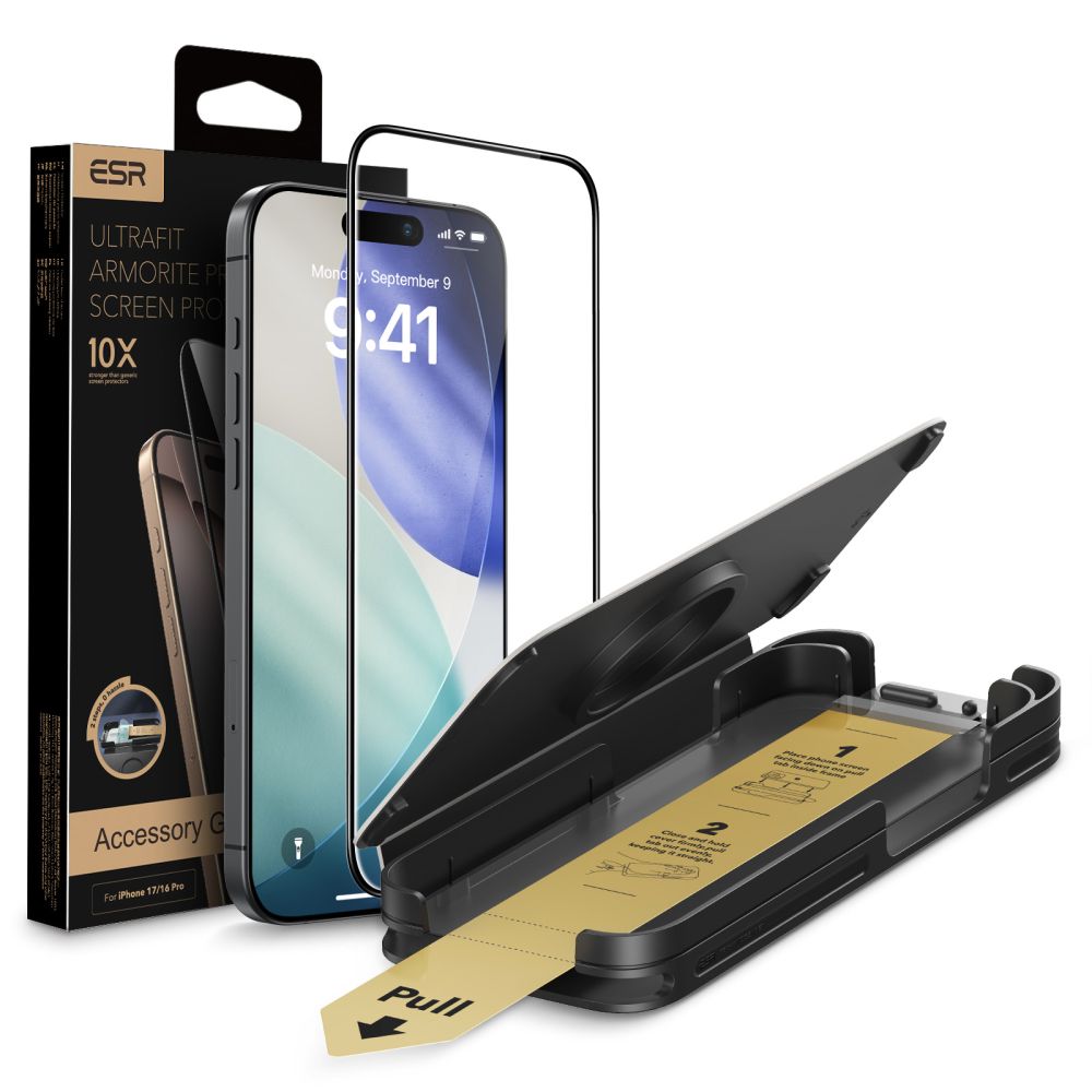 Folie sticla ESR UltraFit Armorite Pro Tempered Glass, Kit montare inclus, compatibila cu iPhone 17 Pro, Negru