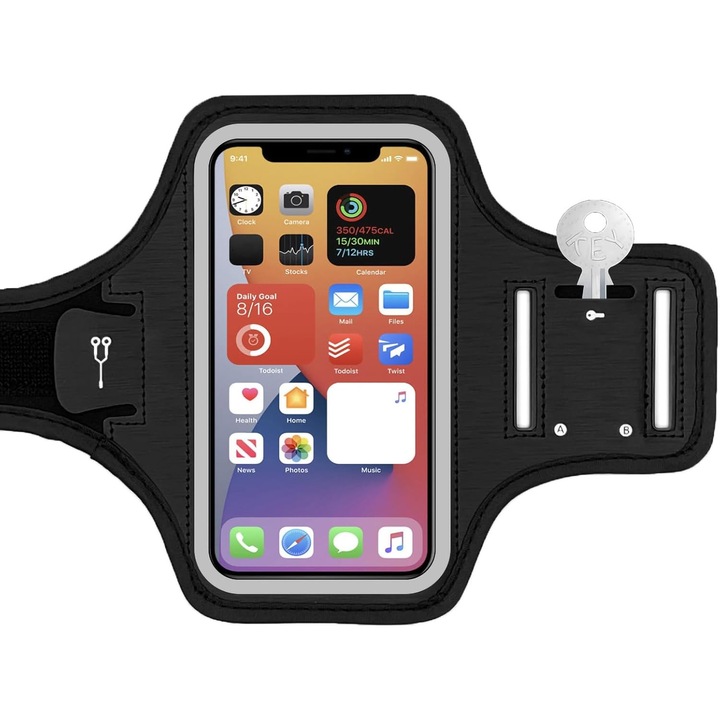 Husa banderola telefon de brat, PsAyl®, pentru alergat, sala, plimbari, yoga, cu buzunar carduri, chei, casti, Negru