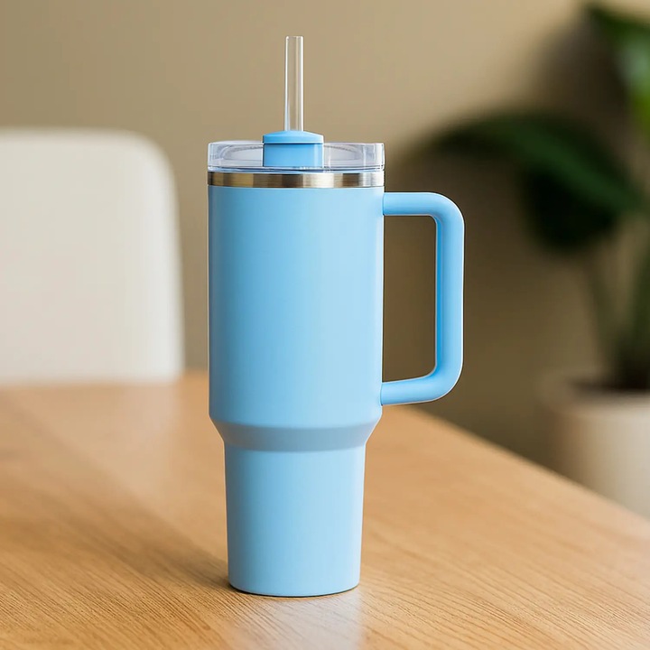 Elindor® Rozsdamentes Acél Termosz Bögre, 1200 ml, Duplafalú Hőszigeteléssel, Fedéllel és Újrafelhasználható Szívószállal, Szivárgásmentes, Ideális Vízhez, Teához, Kávéhoz vagy Smoothie-hoz, Autós Pohártartóban Használható, Világoskék