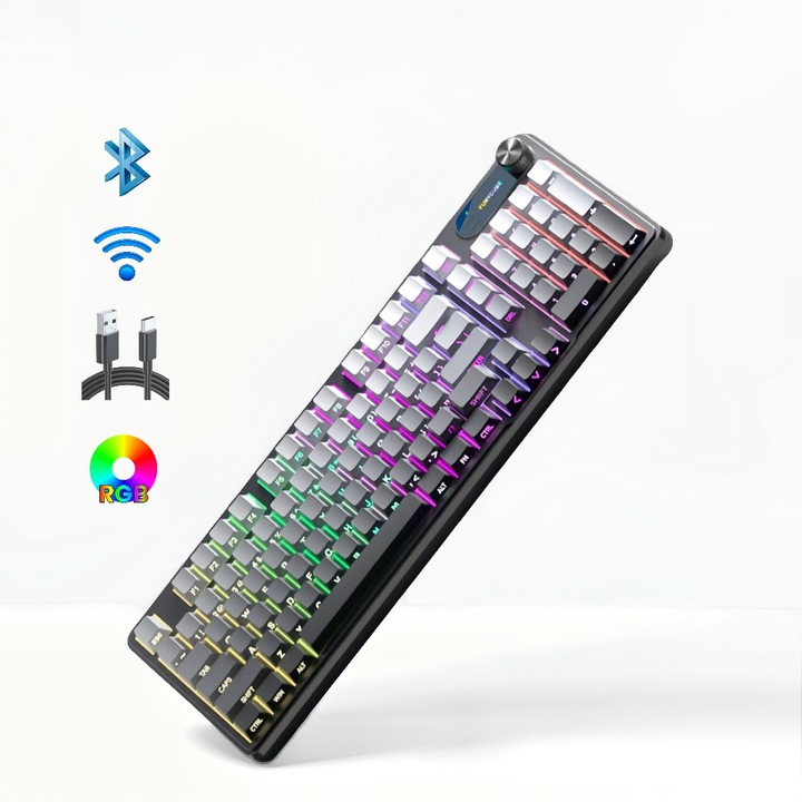 Безжична Bluetooth клавиатура, 98 клавиша, RGB осветление, черно/сиво