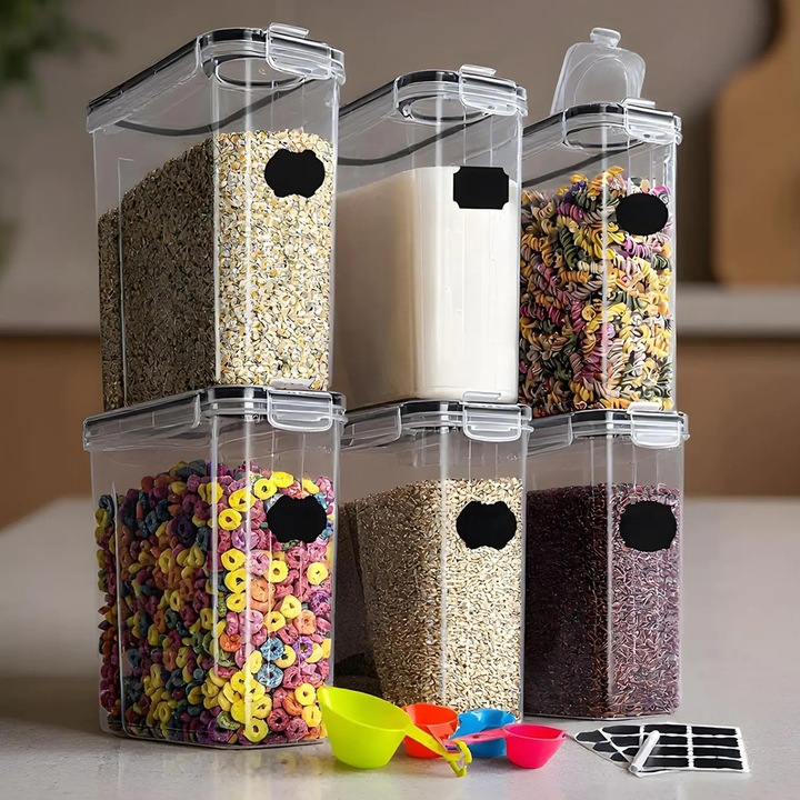 Set de 6 Recipiente Elindor® Mari, Caserole Ingrediente pentru Bucatarie, pentru Alimente Uscate, Recipient pentru Depozitare Cafea, Zahar, Paste, Cereale, Capac Etans, fara BPA, Etichete Reutilizabile, Marker, 4L, 9 × 10 × 15 cmTransparent