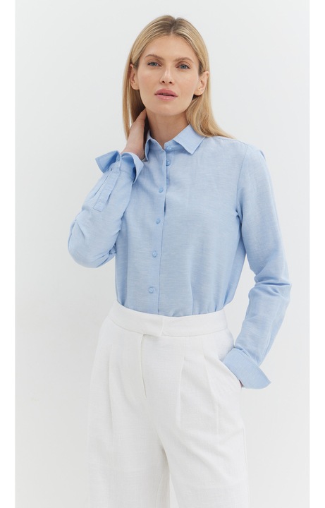 Camasa dama WOLCZANKA, lejera, albastru deschis, in si bumbac, guler clasic, maneci lungi, 34 EU