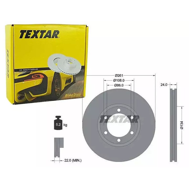 Textar féktárcsa, 261mm, 24mm, 6 lyuk, agy nélkül, rögzítőcsavar nélkül, személygépjárművekhez, KIA K2500/K2700
