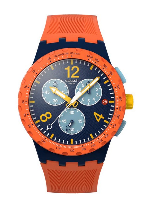 Ceas Swatch Camo Flash Chronograph, albastru navy, curea portocalie, mecanism quartz, rezistent la apa 30m
