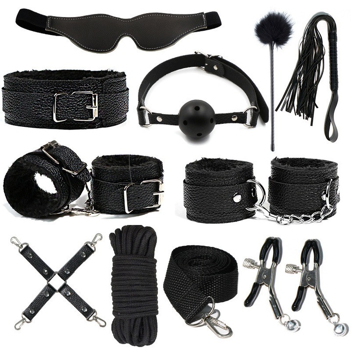 Set de jucarii erotice cu 11 piese, Uxinhome, BDSM, piele ecologica, zgarda, lant de tractiune, catuse, catuse pentru glezne, pana, franghie, jucarii sexuale pentru adulti, negru