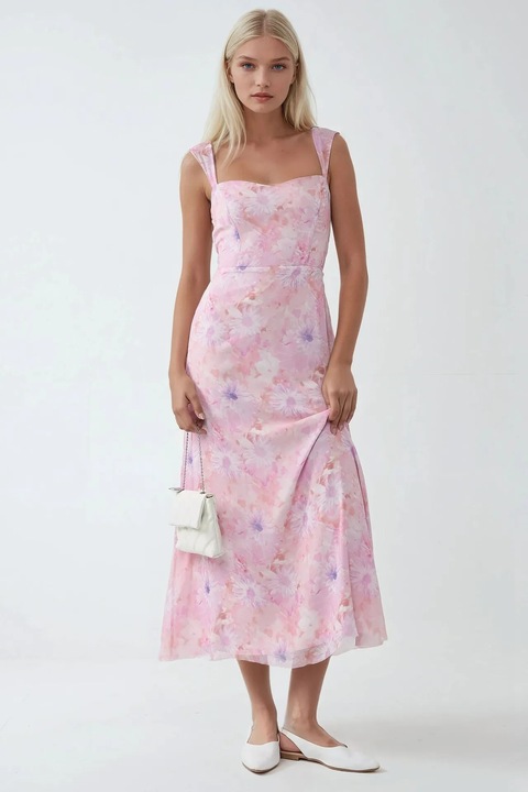 Rochie maxi, HiCCUP, florala, guler in forma de inima, roz aprins, textil