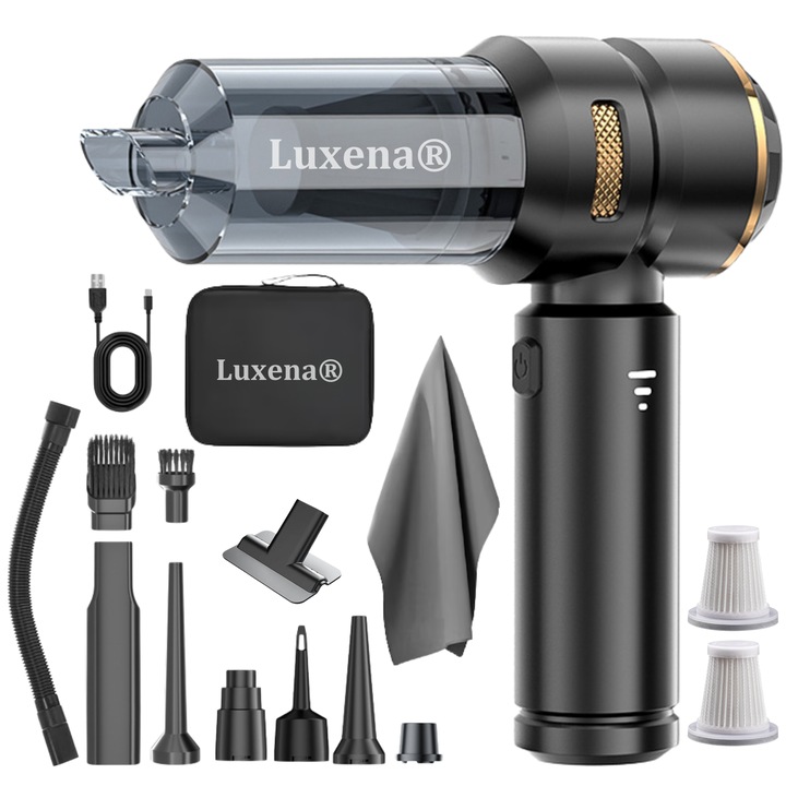 Aspirator auto portabil de mana fara fir 4-in-1 cu acumulator Luxena AirPro4, pentru masina si casa, aspirare umeda/uscata, suflare, umflare, vidare, 110.000 rpm, 3 trepte, 6000 mAh, filtru HEPA lavabil, 15 accesorii, geanta de transport, Negru mat