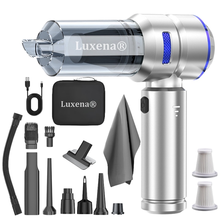 Aspirator auto portabil de mana fara fir 4-in-1 cu acumulator Luxena AirPro3, pentru masina si casa, aspirare umeda/uscata, suflare, umflare, vidare, 110.000 rpm, 3 trepte, 6000 mAh, filtru HEPA lavabil, 15 accesorii, geanta de transport, Argintiu Indigo