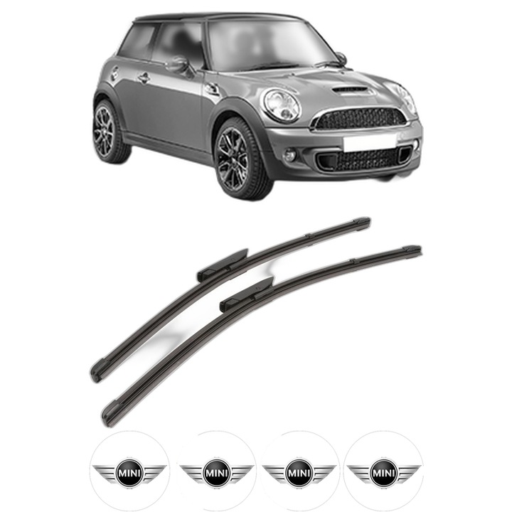 Set stergatoare auto MINI MINI (R56) din 2006-2013, pentru parbriz auto, 2 bucati, Valeo Silencio Xtrm, din cauciuc siliconat rezistent, 4 Stickere Auto MINI