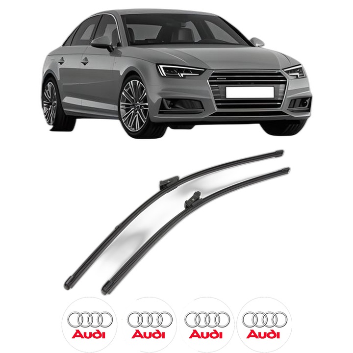 Set stergatoare auto AUDI A4 B9 (8W2, 8WC) din 2015-2021, pentru parbriz auto, 2 bucati, Valeo Silencio Xtrm, din cauciuc siliconat rezistent, 4 Stickere Auto AUDI