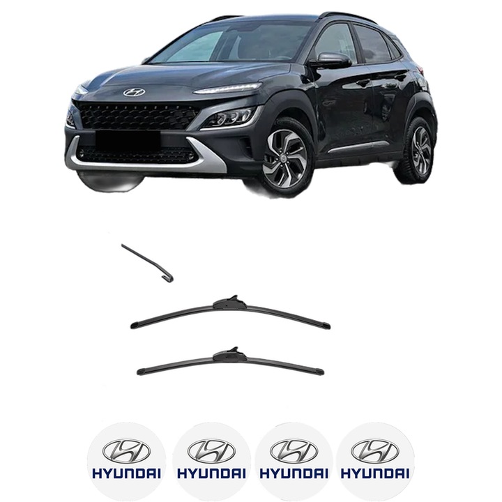 Set stergatoare auto HYUNDAI KONA SUV Van (OS, OSE, OSI) din 2017-2019, pentru parbriz auto, 2 bucati, Valeo Silencio, din cauciuc siliconat rezistent, 4 Stickere Auto HYUNDAI