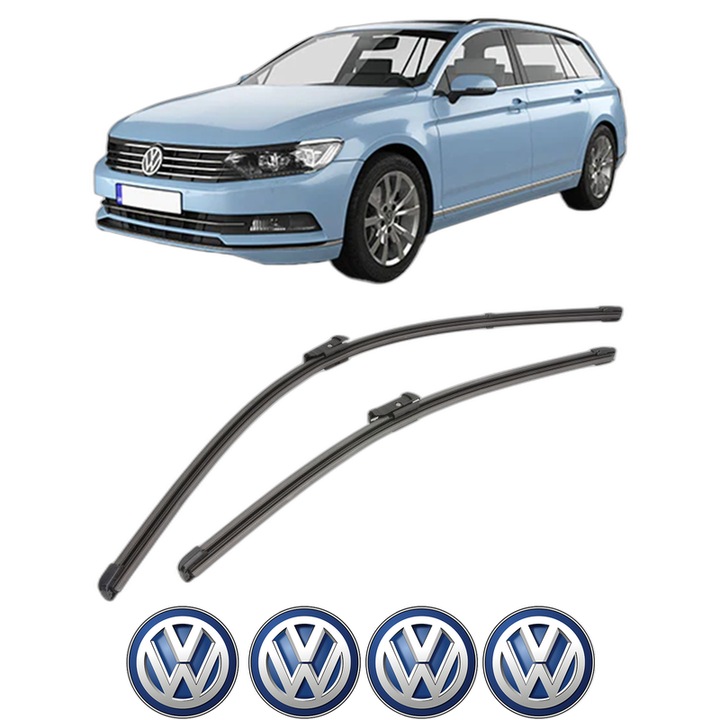 Set stergatoare auto Volkswagen PASSAT B8 Variant (3G5, CB5) din 2014-2024, pentru parbriz auto, 2 bucati, Valeo Silencio Xtrm, din cauciuc siliconat rezistent, 4 Stickere Auto Volkswagen