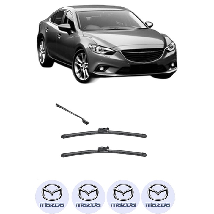 Set stergatoare auto MAZDA 6 Saloon (GJ, GL) din 2012-2020, pentru parbriz auto, 2 bucati, Valeo Silencio, din cauciuc siliconat rezistent, 4 Stickere Auto MAZDA