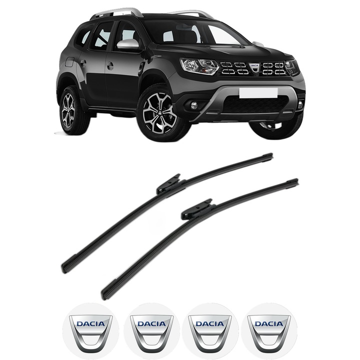 Set stergatoare auto DACIA DUSTER (HM_) din 2017-2022, pentru parbriz auto, 2 bucati, Bosch Aerotwin, din cauciuc siliconat rezistent, 4 Stickere Auto DACIA