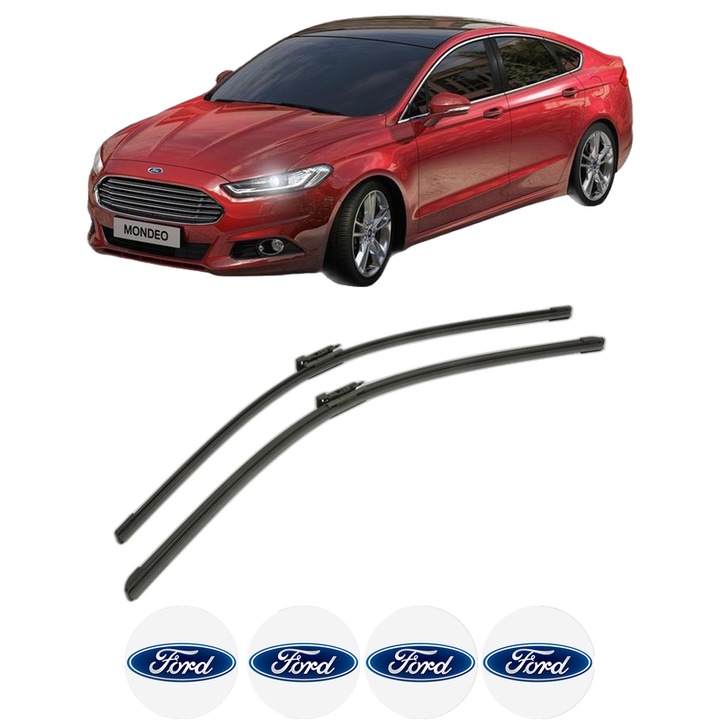 Set stergatoare auto FORD MONDEO V Hatchback (CE) din 2014-2019, pentru parbriz auto, 2 bucati, Bosch Aerotwin, din cauciuc siliconat rezistent, 4 Stickere Auto FORD