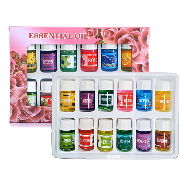 Set 12 Bucati De Uleiuri Esentiale EDAR, 3 ml, Ideal Pentru Umidificator Si Spa, Multicolor