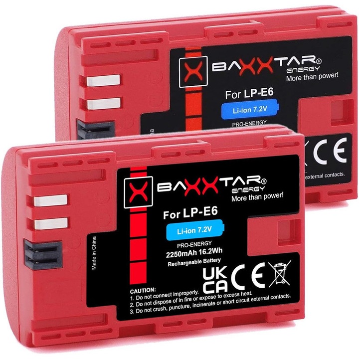 Pachet 2x Acumulator Baxxtar Pro LP-E6 2250mAh pentru Canon EOS 60D 70D 80D 90D