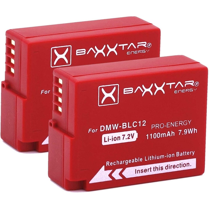 Pachet 2x Acumulator Baxxtar Pro DMW-BLC12 1100mAh pentru Panasonic Lumix DC FZ1000 II G91 DMC GX8 G70 G80 G81 G7 G6 G5