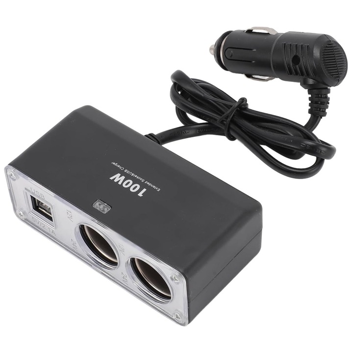 Multiplicator priza bricheta auto AndrexNET MP1677, 2 iesiri independente, 2 x USB 2.1A, 100W, 12V-24V, negru