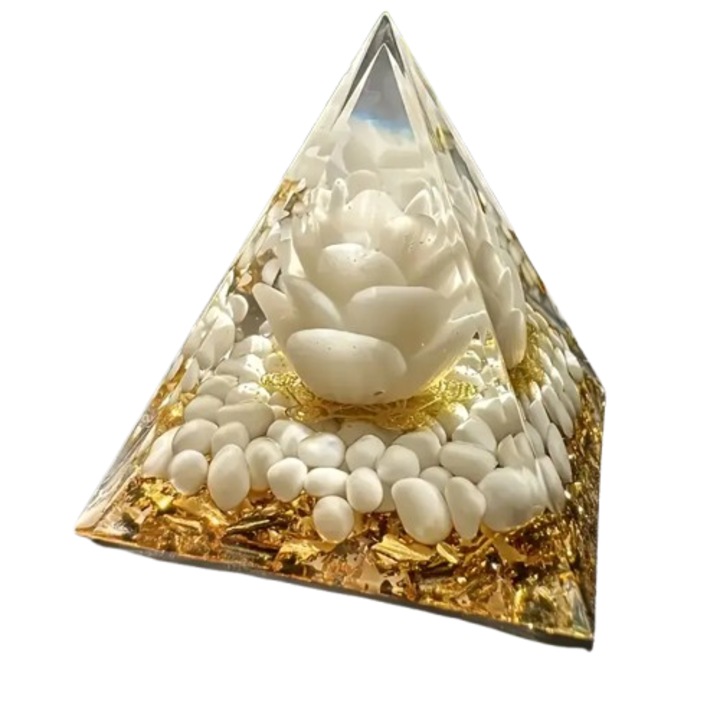 Piramidă orgonică VeliumCraft, jad alb, 5x5 cm, cu cristale vindecătoare și pietre naturale