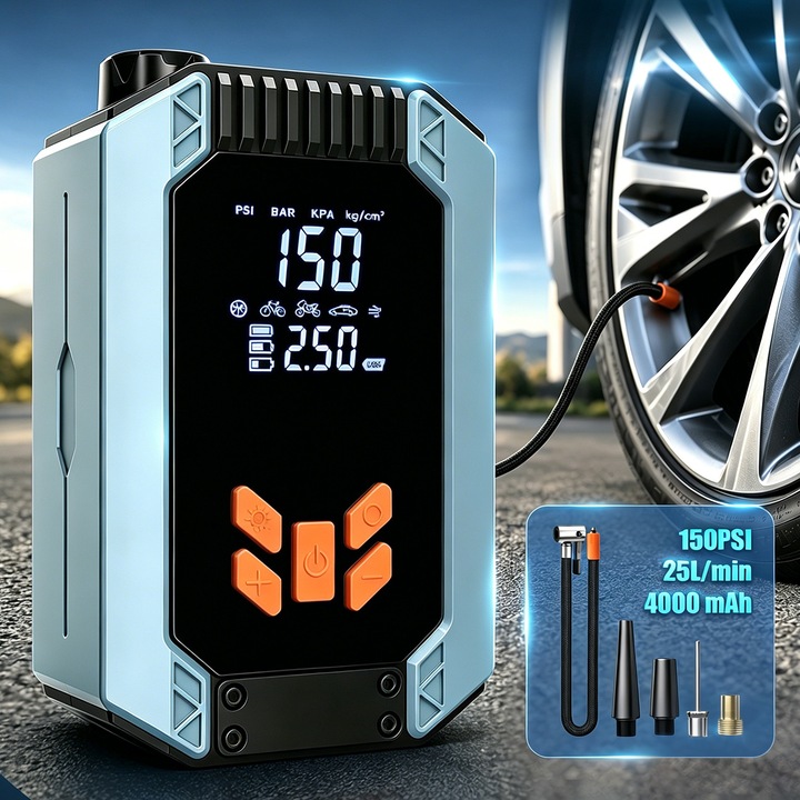Compresor Auto Portabil, YeeLei®, 150PSI, 25L/min, Acumulator 4000 mAh 30 min, Powerbank, Lanterna 3 Moduri, Display LCD, Cable 30cm, 4 Accesorii, Pentru Umflare Roti, Minge, Bicicleta, Albastru-Gri