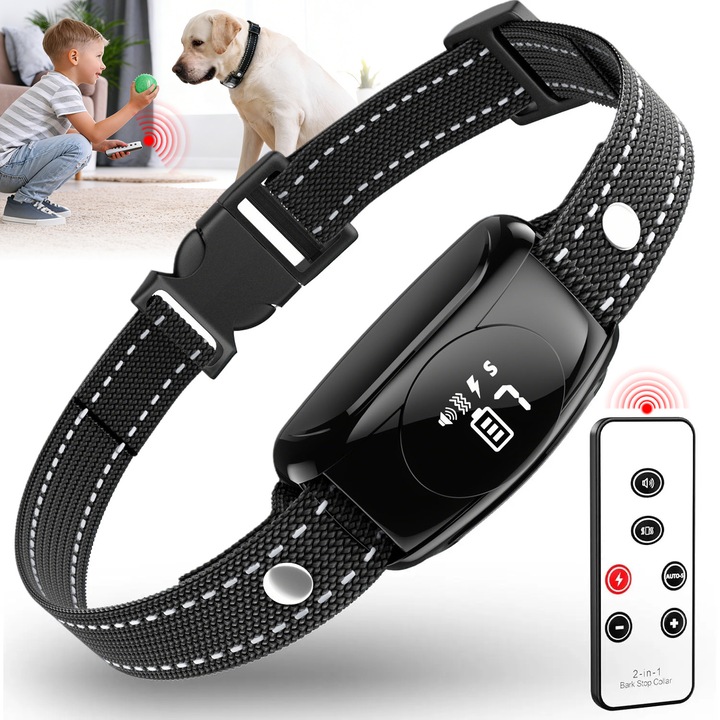Електрическа яка против лай за кучета, YeeLei®, 4 режима, с дистанционно управление, 100м, вибрации/звук/статична корекция/автоматична, IPX7, обиколка на врата 30-50см, LED дисплей, черна