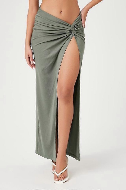 Fusta maxi de plaja cu crapatura, design modern, textil, verde, XS INTL