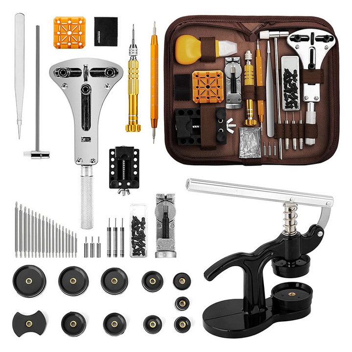 Set de instrumente pentru repararea ceasurilor, Rqiurpn, 147 buc, 12 matrite, Include Deschizator Caseta, Unelte Ceasornicari, ABS/Inox, Multicolor