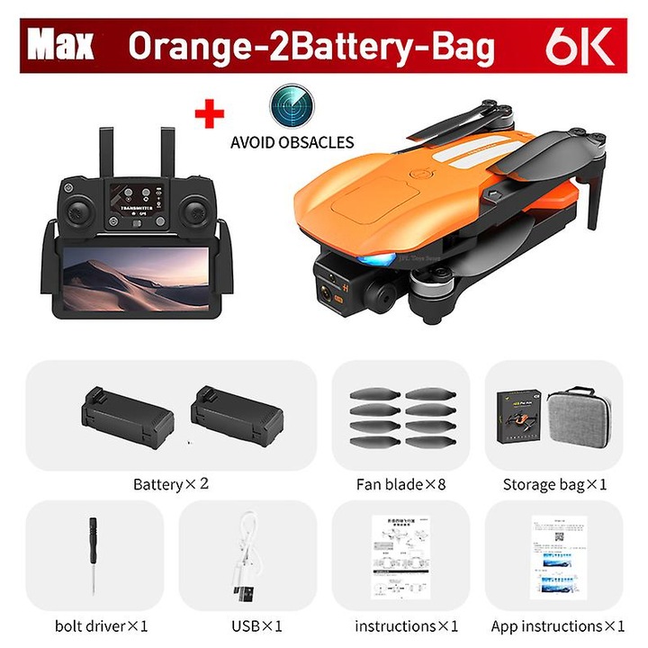 Drona quadcopter cu camera 8K, 30min timp de zbor, control prin aplicatie, 32x32x8cm, portocalie