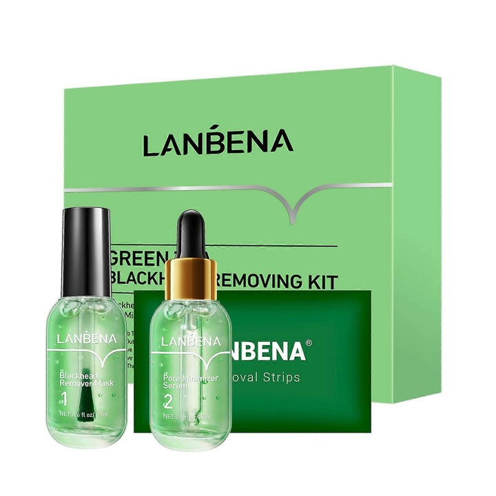 Set 3 in 1 pentru indepartarea punctelor negre, masca cu ulei de arbore de ceai, ser pentru rafinarea porilor, 17ml fiecare, Lanbena