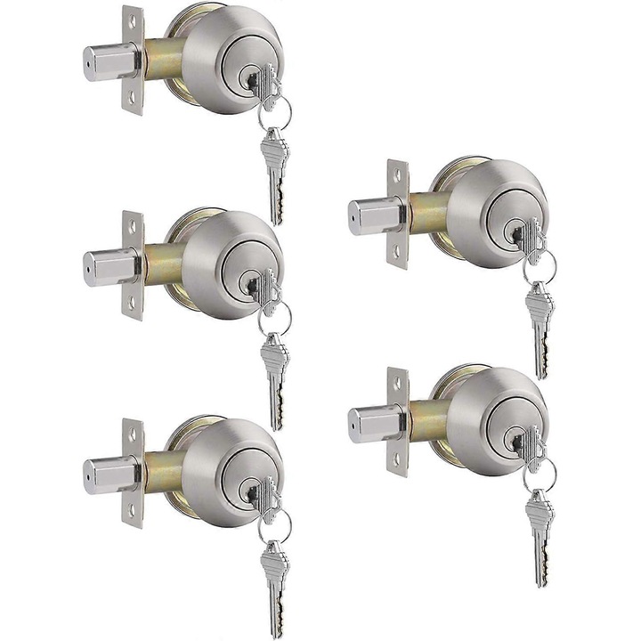 Set 5 lacate cilindru simplu cu cheie, satin nickel, 65mm, pentru usi dreapta/stanga