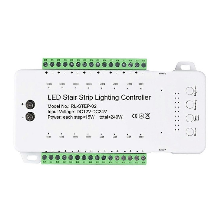 Controler LED pentru scari, 16 canale, senzor dual PIR, alb