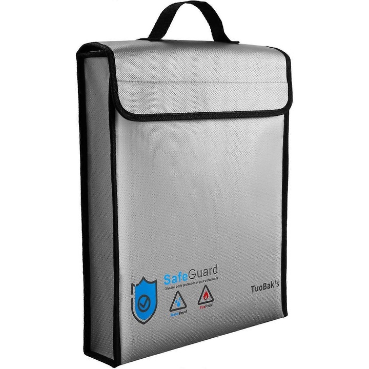 Geanta documente ignifuga si rezistenta la apa, 15.8x11x2.5 inch, capacitate mare, cu fermoar, pentru valori importante