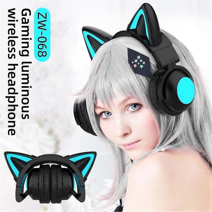 Vezeték nélküli fejhallgató macskafülekkel, Bluetooth 5.0, LED, 4 hüvelyk, mikrofon, 30 cm-es audiokábel