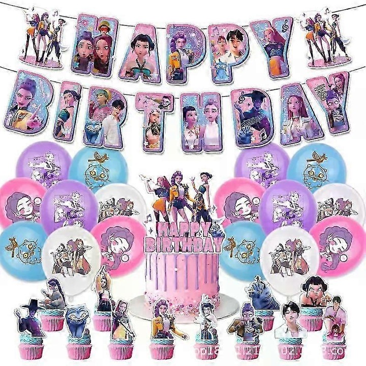 Комплект декорации за парти, Kpop Demon Hunters, 24 знамена, 20 балона, многоцветен