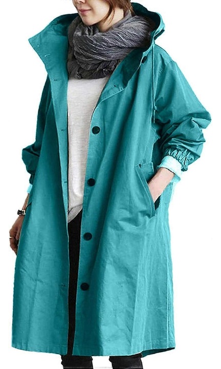 Jacheta de ploaie pentru femei, impermeabila, albastra, 100% poliester, cu gluga, buzunare, 4XL INTL